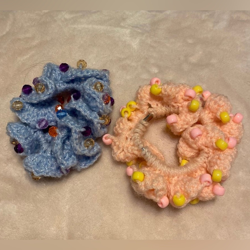 Handmade knitted and beaded scrunchies